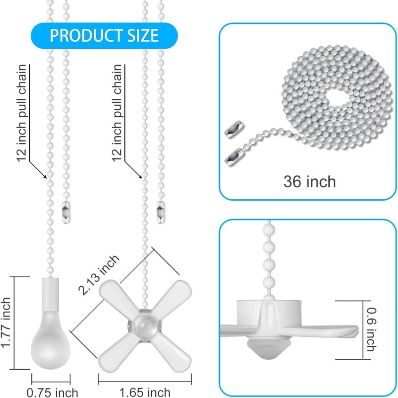 ELFCAB Ceiling Fan Pull Chain Set Including 4Pcs 12 inch 3mm Beaded Ball Fan Pull Chain Pendant Extra 8Pcs Pull Loop Connectors and 2Pcs 36 inches Fan Pull Chain Extension (White) - Image 2